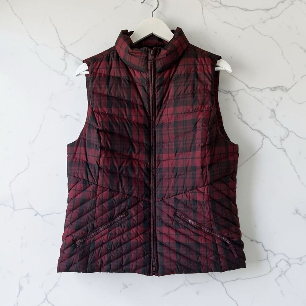 Talbots Down Puffer Plaid Vest Pockets Lined Womens Sz L  Black & Red Full Zip